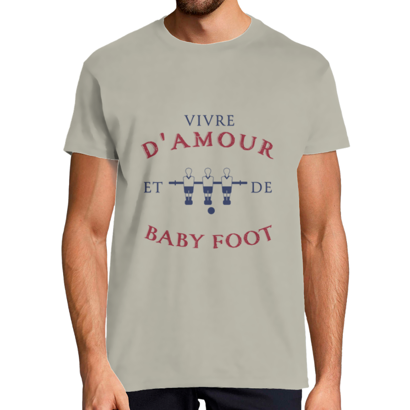 T-shirt homme “Vivre d’amour et de baby-foot” – Col rond, manches courtes, message imprimé