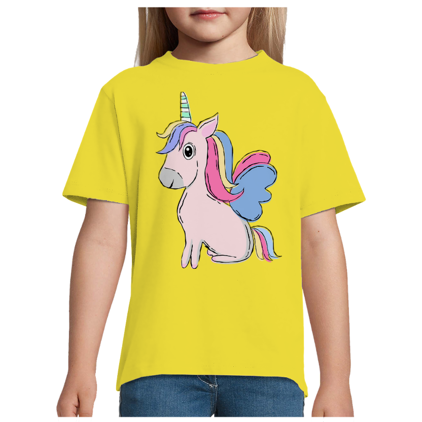 T-shirt Licorne Assise – Fille – 100 % Coton Semi-Peigné – Motif Licorne Multicolore