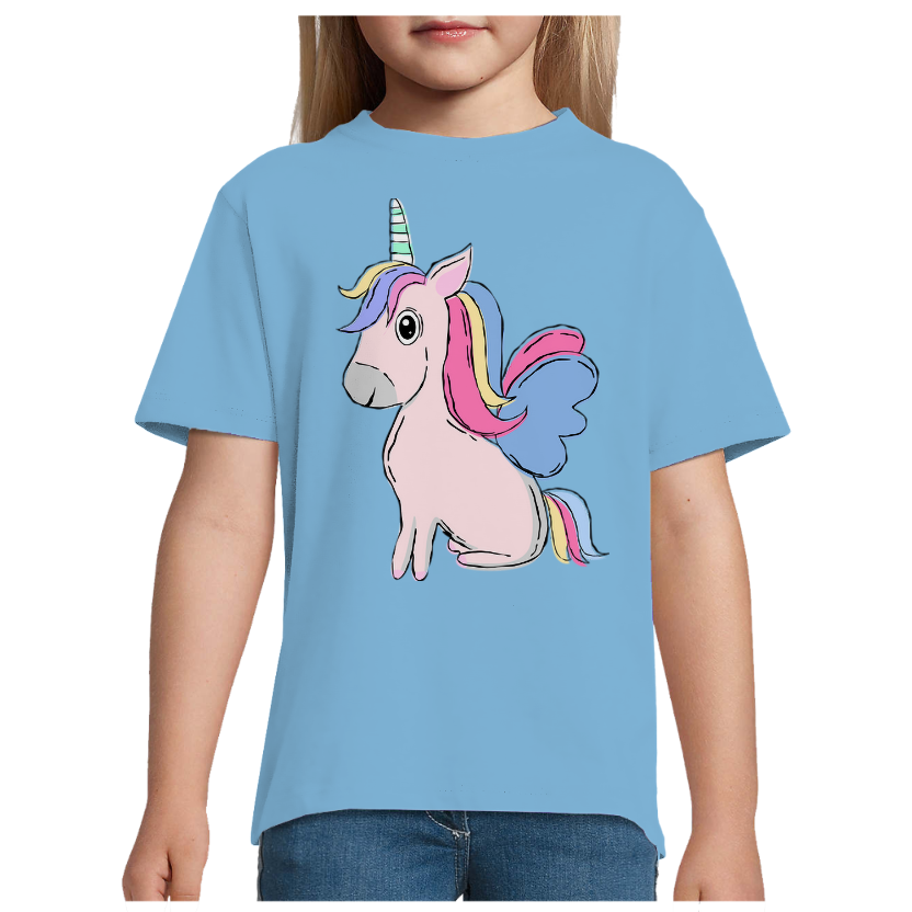 T-shirt Licorne Assise – Fille – 100 % Coton Semi-Peigné – Motif Licorne Multicolore