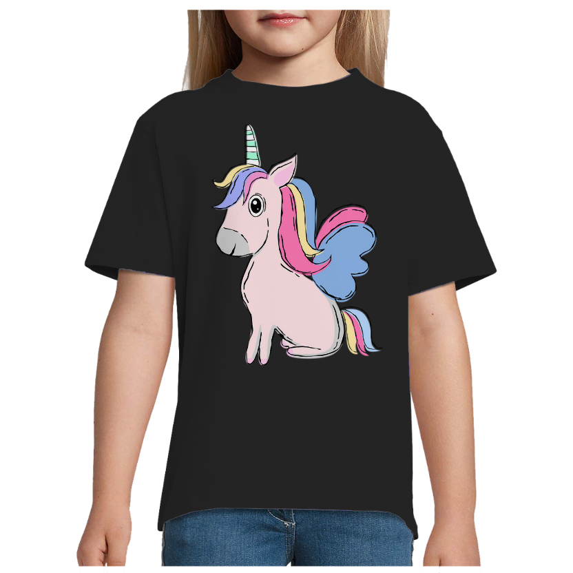 T-shirt Licorne Assise – Fille – 100 % Coton Semi-Peigné – Motif Licorne Multicolore