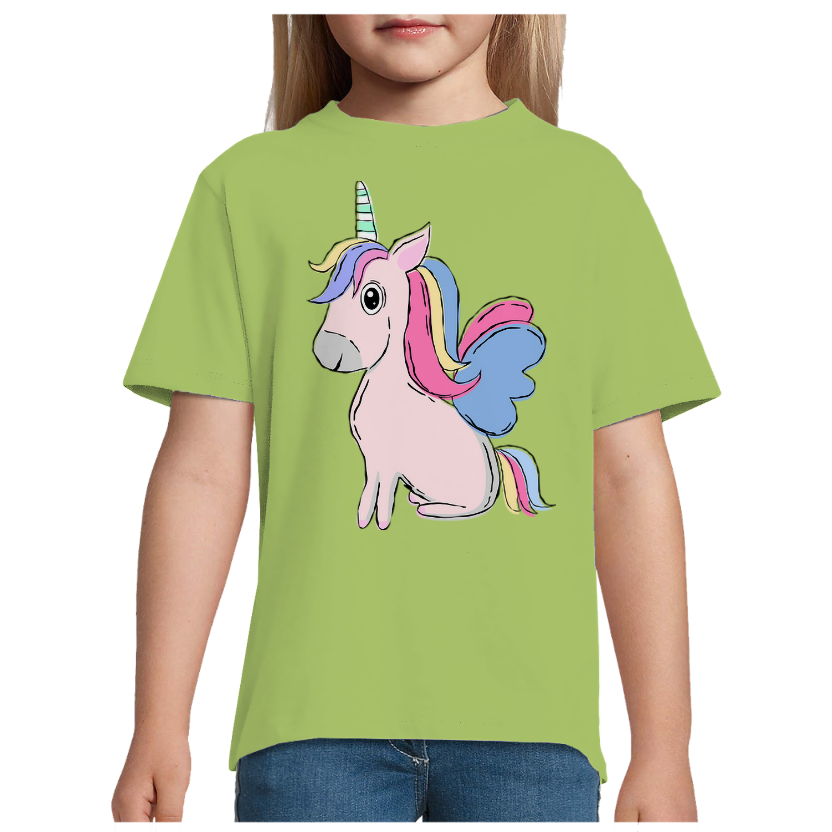 T-shirt Licorne Assise – Fille – 100 % Coton Semi-Peigné – Motif Licorne Multicolore