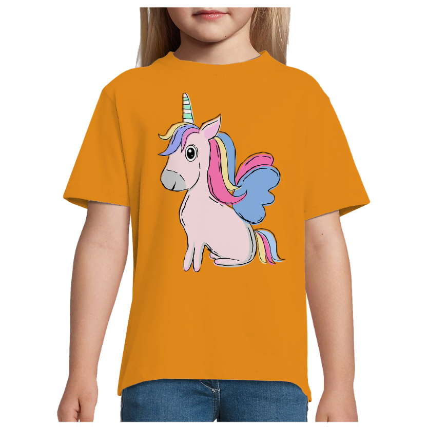 T-shirt Licorne Assise – Fille – 100 % Coton Semi-Peigné – Motif Licorne Multicolore