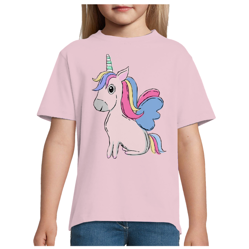 T-shirt Licorne Assise – Fille – 100 % Coton Semi-Peigné – Motif Licorne Multicolore