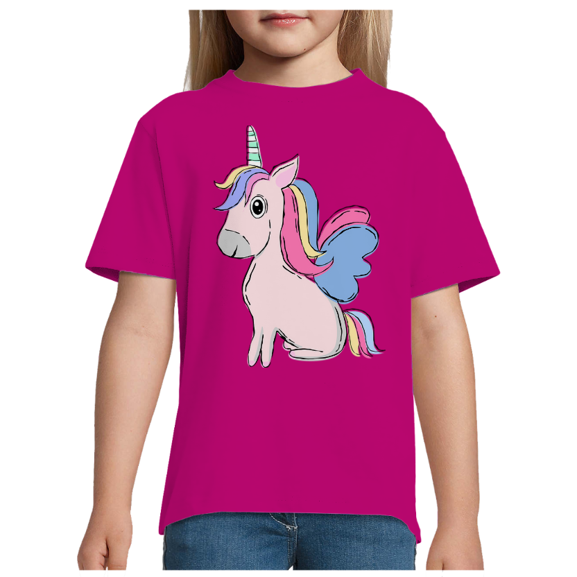 T-shirt Licorne Assise – Fille – 100 % Coton Semi-Peigné – Motif Licorne Multicolore