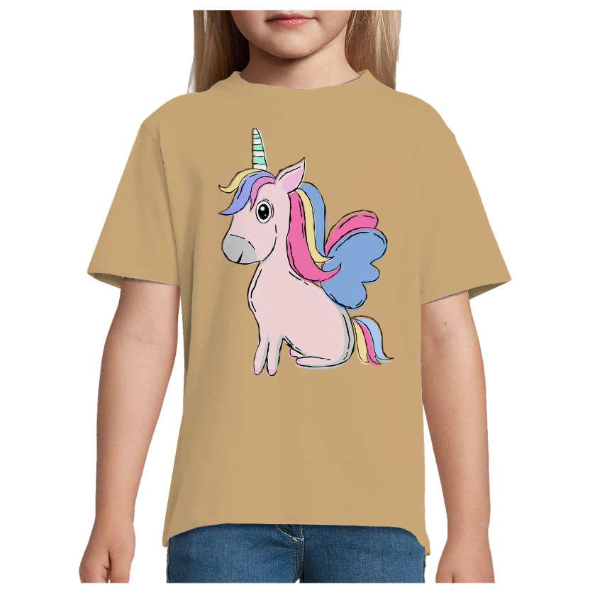 T-shirt Licorne Assise – Fille – 100 % Coton Semi-Peigné – Motif Licorne Multicolore