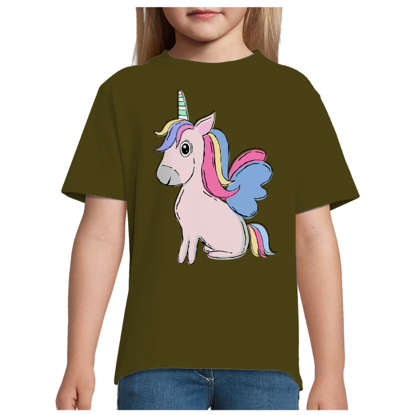 T-shirt Licorne Assise – Fille – 100 % Coton Semi-Peigné – Motif Licorne Multicolore