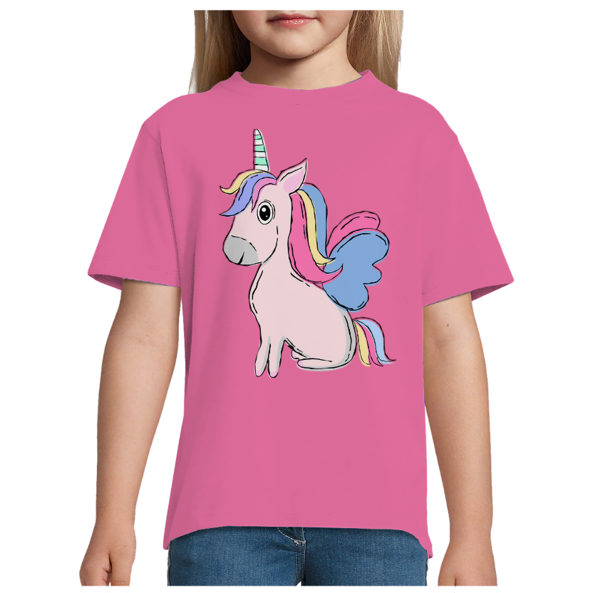 T-shirt Licorne Assise – Fille – 100 % Coton Semi-Peigné – Motif Licorne Multicolore
