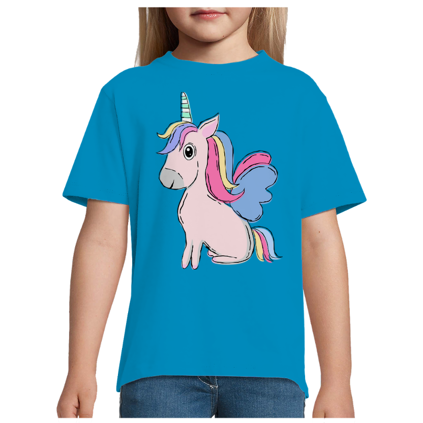 T-shirt Licorne Assise – Fille – 100 % Coton Semi-Peigné – Motif Licorne Multicolore