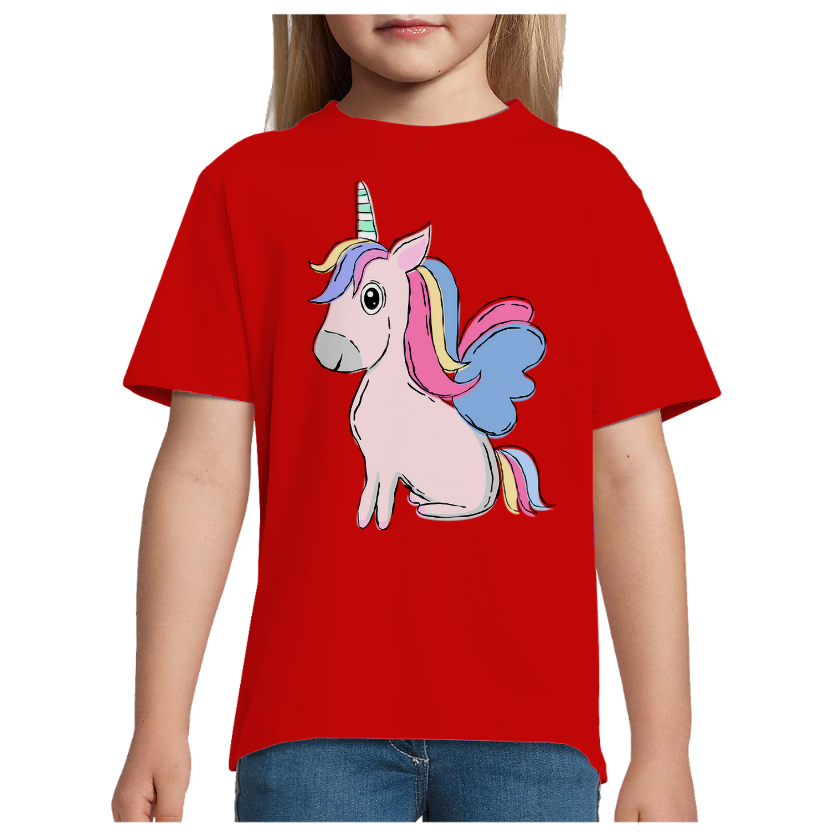 T-shirt Licorne Assise – Fille – 100 % Coton Semi-Peigné – Motif Licorne Multicolore