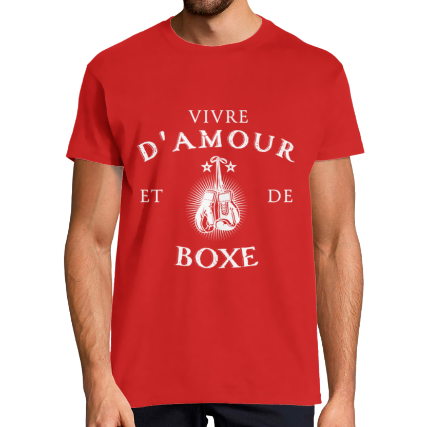 T-shirt Homme “Vivre d’amour et de boxe” – 100 % Coton, Coupe Classique